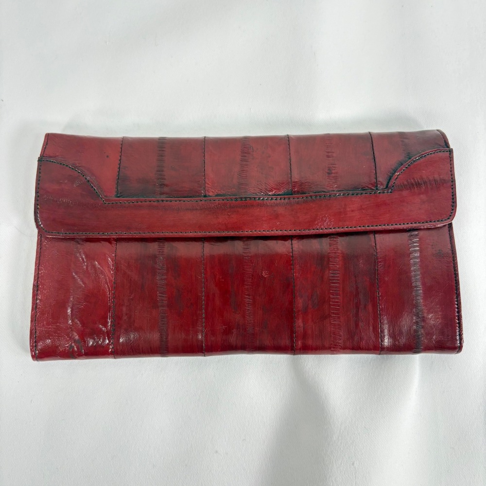 Vintage Eel Skin Clutch Burgundy Red Exotic Leather Envelope Bag Made in Korea